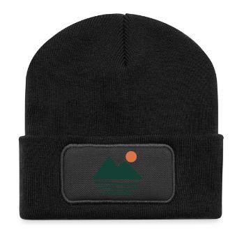 Bergsee im Morgenlicht – geometrisches Naturmotiv - Recycelte Patch Beanie - Schwarz - Vorne