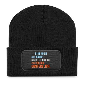 Eisbaden: Aaah! Geht schon. Ich bin unsterblich. - Recycelte Patch Beanie - Schwarz - Vorne