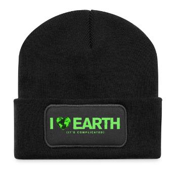 I Love Earth It's Complicated Umwelt Spruch - Recycelte Patch Beanie - Schwarz - Vorne