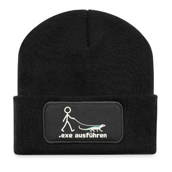 exe ausführen – Eidechse am Strichmännchen - Recycelte Patch Beanie - Schwarz - Vorne
