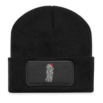 Weihnachtsbär mit Lichterkette und kleiner Katze  - Recycelte Patch Beanie - Schwarz - Vorne