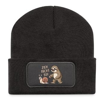 Zieh nicht so - Schnecke und Faultier - Recycelte Patch Beanie - Dunkelgrau - Vorne
