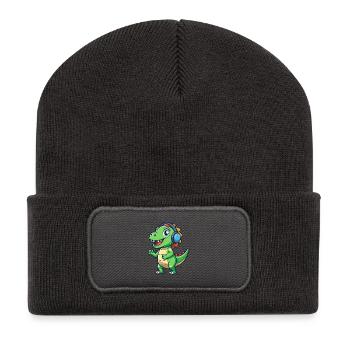 Dinosaurier Lustige Zeichentrickfigur Kopfhörer Musik - Recycelte Patch Beanie - Dunkelgrau - Vorne