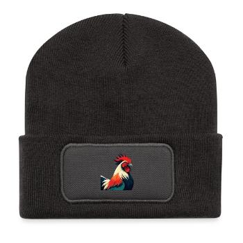 Hahn Cartoon Figur Buntes Haustier Tier - Recycelte Patch Beanie - Dunkelgrau - Vorne
