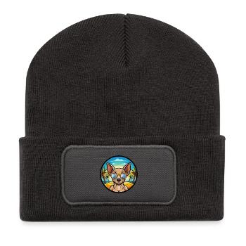 Mexikanische haarlose Hunderasse Cartoon Sonnenbrille Strand - Recycelte Patch Beanie - Dunkelgrau - Vorne