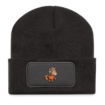 Pferd Lustige Zeichentrickfigur Kopfhörer Musik - Recycelte Patch Beanie - Dunkelgrau - Vorne