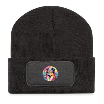 Rauer Collie Hund Rasse Bunte Karikatur Aquarell - Recycelte Patch Beanie - Dunkelgrau - Vorne