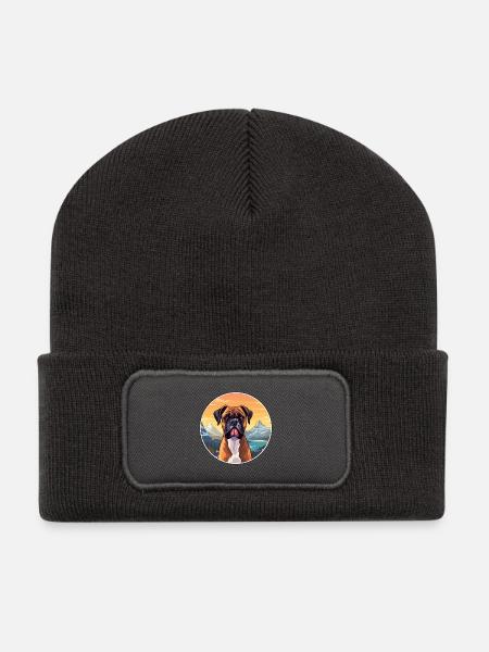 Boxer Hund Rasse Cartoon Kawaii Aquarell - Recycelte Patch Beanie - Dunkelgrau