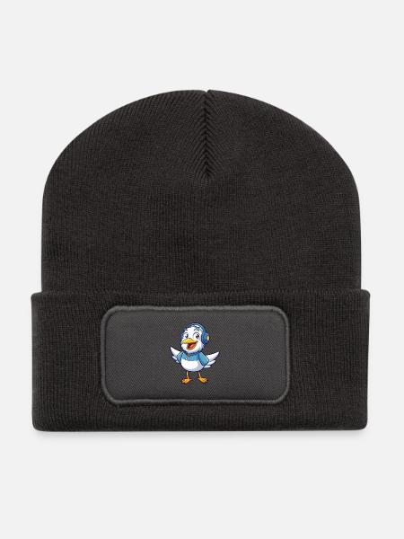Möwe Lustige Zeichentrickfigur Kopfhörer Musik - Recycelte Patch Beanie - Dunkelgrau