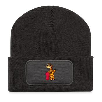 1. Geburtstag Giraffe 1.Klasse Geschenk - Recycelte Patch Beanie - Dunkelgrau - Vorne