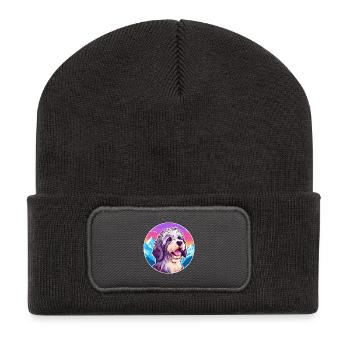 Tibet Terrier Hunderasse Karikatur Kawaii Watercolo - Recycelte Patch Beanie - Dunkelgrau - Vorne