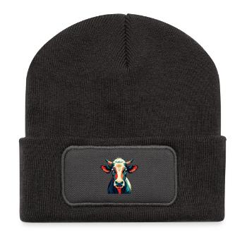 Kuh Cartoon Figur Buntes Haustier Tier - Recycelte Patch Beanie - Dunkelgrau - Vorne