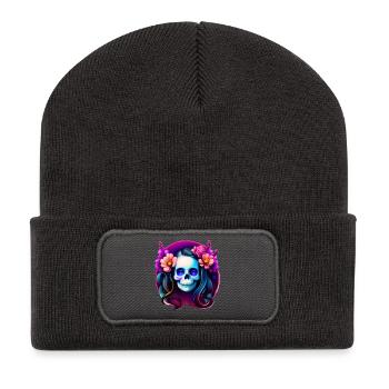 Dame du Crâne Mystique aux Fleurs – Néon Gothique - Beanie recyclé à patch - charbon - Devant