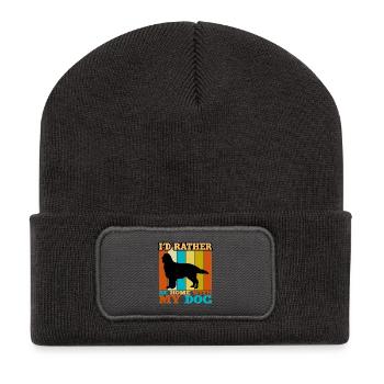 Flat Coated Retriever Hund Silhouette Retro Sunset - Recycelte Patch Beanie - Dunkelgrau - Vorne