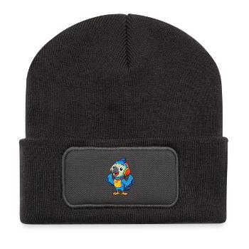 Papagei Lustige Zeichentrickfigur Kopfhörer Musik - Recycelte Patch Beanie - Dunkelgrau - Vorne