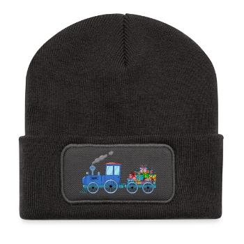 Children's train train with trailer in blue - Recycled Patch Beanie - dark grey - Front
