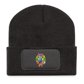 Lustige Wolf Cartoon Sommer Strand Sonnenbrille Gitarre - Recycelte Patch Beanie - Dunkelgrau - Vorne