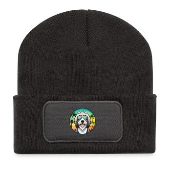Bärtiger Collie Hund Rasse Cartoon Sonnenbrille Strand - Recycelte Patch Beanie - Dunkelgrau - Vorne