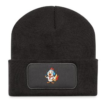 Huhn Lustige Zeichentrickfigur Kopfhörer Musik - Recycelte Patch Beanie - Dunkelgrau - Vorne