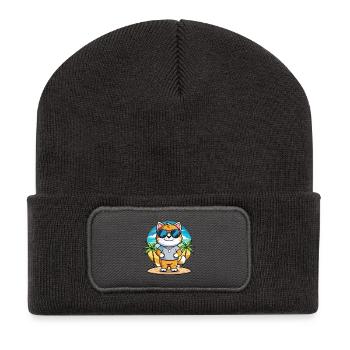 Britische Falte Kurzhaar Katzenrasse Cartoon Strand - Recycelte Patch Beanie - Dunkelgrau - Vorne