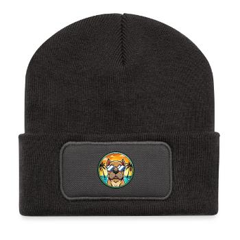 Mastiff Hund Rasse Cartoon Sonnenbrille Strand - Recycelte Patch Beanie - Dunkelgrau - Vorne