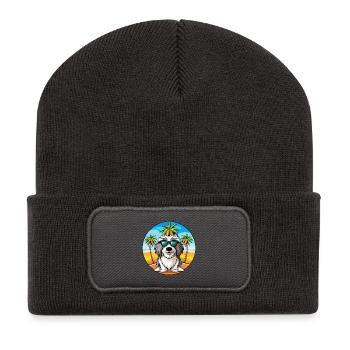 Bärtiger Collie Hund Rasse Cartoon Sonnenbrille Strand - Recycelte Patch Beanie - Dunkelgrau - Vorne