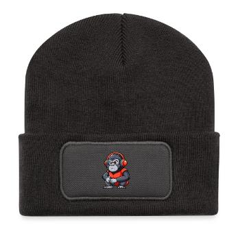 Gorilla Lustige Zeichentrickfigur Kopfhörer Musik - Recycelte Patch Beanie - Dunkelgrau - Vorne