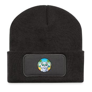 Weiße Langhaarkatze Persische Katzenrasse Cartoon Strand - Recycelte Patch Beanie - Dunkelgrau - Vorne
