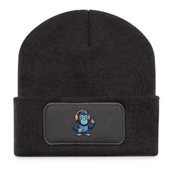Gorilla Lustige Zeichentrickfigur Kopfhörer Musik - Recycelte Patch Beanie - Dunkelgrau - Vorne