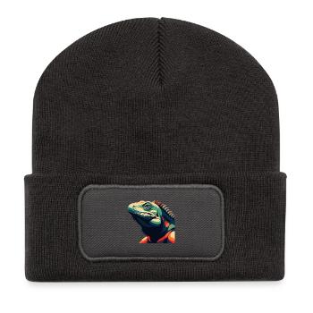 Iguana Cartoon Character Colorful Pet Animal - Recycled Patch Beanie - dark grey - Front