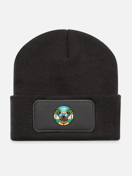 Mops Hund Rasse Cartoon Sonnenbrille Strand - Recycelte Patch Beanie - Dunkelgrau