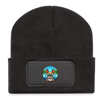 Französische Bulldogge Rasse Cartoon Sonnenbrille Strand - Recycelte Patch Beanie - Dunkelgrau - Vorne
