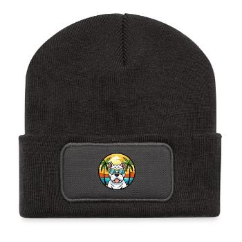 Amerikanische Bulldogge Rasse Cartoon Sonnenbrille Strand - Recycelte Patch Beanie - Dunkelgrau - Vorne