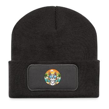American Curl Katzenrasse Cartoon Sonnenbrille Strand - Recycelte Patch Beanie - Dunkelgrau - Vorne