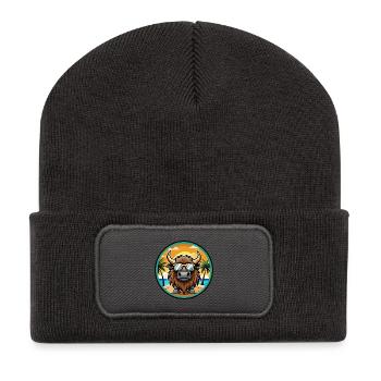 Bison Lustige Cartoon Sommer Strand Sonnenbrille Cool - Recycelte Patch Beanie - Dunkelgrau - Vorne