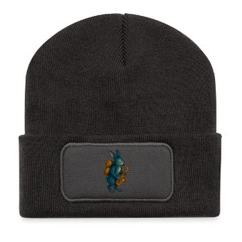 Blaues Kaninchen mit Saxophon - Recycelte Patch Beanie - Dunkelgrau - Vorne