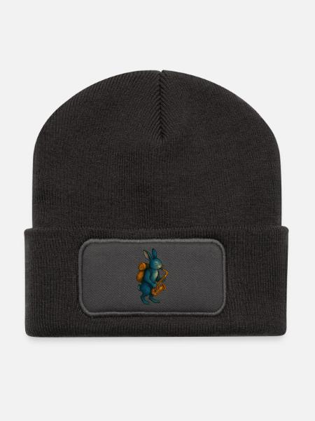 Lapin Bleu avec Saxophone - Beanie recyclé à patch - charbon