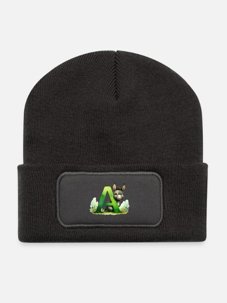 Tieralphabet - Buchstabe A für Esel - Zeichnung - Recycelte Patch Beanie - Dunkelgrau