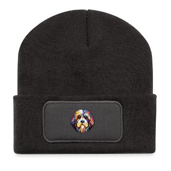 Tibet Terrier Hunderasse Aquarell Illustration - Recycelte Patch Beanie - Dunkelgrau - Vorne