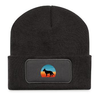 Berger Blanc Suisse Hundesilhouette Retro Sonnenuntergang - Recycelte Patch Beanie - Dunkelgrau - Vorne