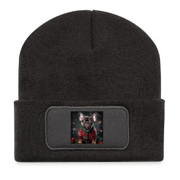Französische Bulldogge im Weihnachtspullover - Recycelte Patch Beanie - Dunkelgrau - Vorne