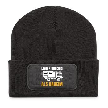Lieber dreckig als daheim – Offroad Spruch - Recycelte Patch Beanie - Dunkelgrau - Vorne