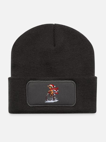 Festliche Penny Farthing Schneefahrt - Recycelte Patch Beanie - Dunkelgrau