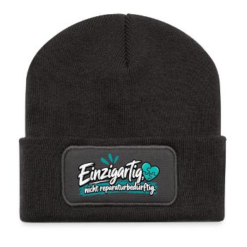 Einzigartig: Nicht Reparaturbedürftig - Recycelte Patch Beanie - Dunkelgrau - Vorne