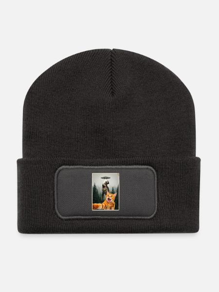 Rote Katze Selfie mit Waldmensch, Dino und UFO - Recycelte Patch Beanie - Dunkelgrau