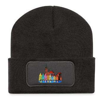Danzig Skyline – Bunte Hafenstadt im Wachsmalstil - Recycelte Patch Beanie - Dunkelgrau - Vorne