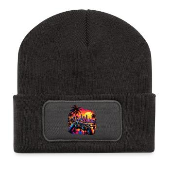 Sonnenuntergang mit Gamecontroller - Gamer Motiv - Recycelte Patch Beanie - Dunkelgrau - Vorne