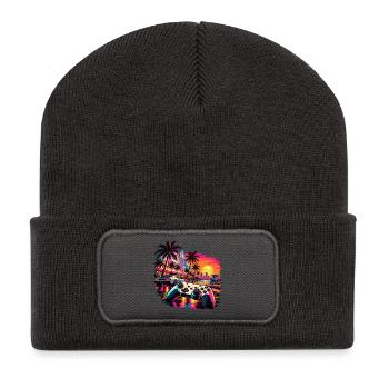 Miami Skyline Gamer Motiv - Geschenk für Gamer - Recycelte Patch Beanie - Dunkelgrau - Vorne