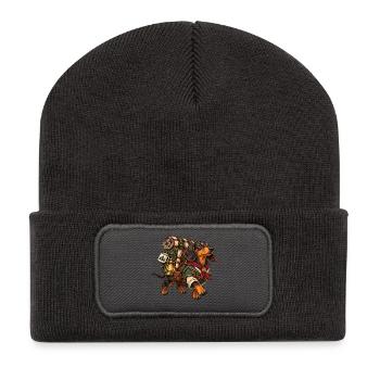 Dackel als Abenteurer mit Wandergepäck - Recycelte Patch Beanie - Dunkelgrau - Vorne