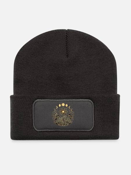 Goldene Kröte mit Pilzen und Mondphasen - Recycelte Patch Beanie - Dunkelgrau